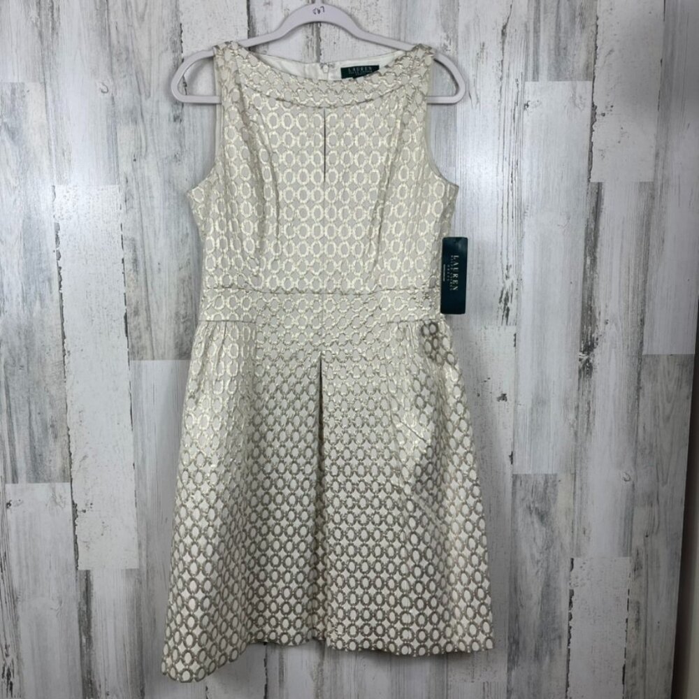Lauren Ralph Lauren a-line midi dress cream gold 10‎ NWT cocktail art deco